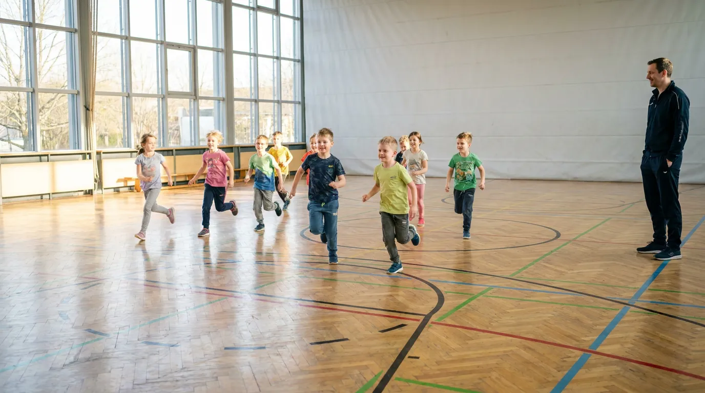 Kinder laufen beim Aufwärmen durch eine Sporthalle, ein Trainer schaut zu